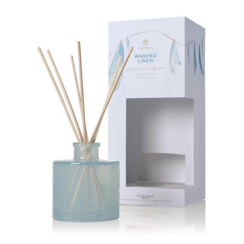 Thymes Petite Reed Diffuser Set â€“ Includes Rattan Wood Sticks, Fragrance Oil, & Glass Bottle â€“ Home Fragrance Oil Diffuser â€“ Luxury Home Decor â€“ Guest Bathroom Essentials (Washed Linen, 4 fl oz) - Image 1